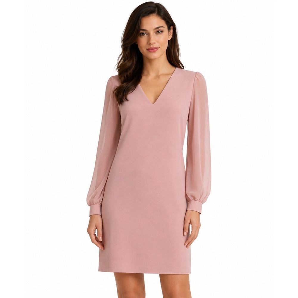 Trendyol Pink Shift Dress Size 38 Long Sleeve Chiffon V Neck Mini Cocktail Dress